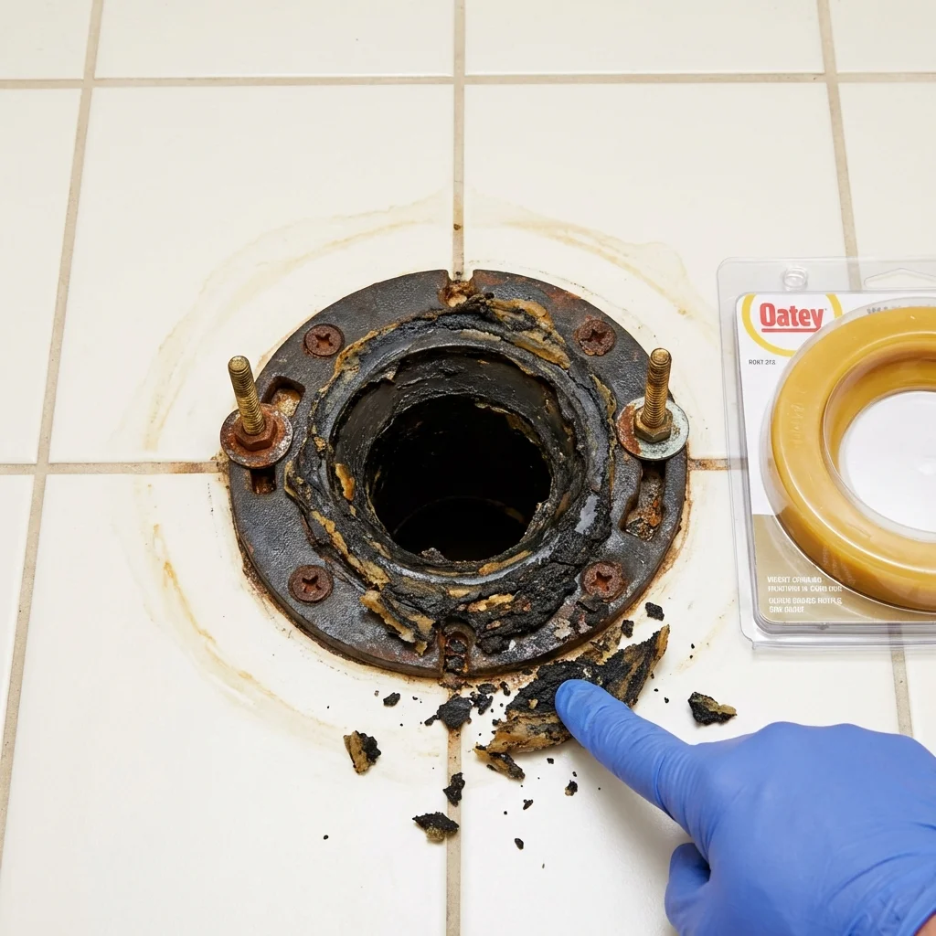 Failed wax ring showing water seepage at the base of a toilet in a Manson, IA home