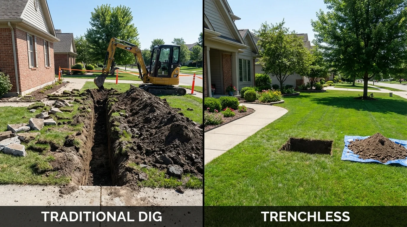 Trenchless sewer repair with minimal yard damage versus traditional excavation in Manson, IA