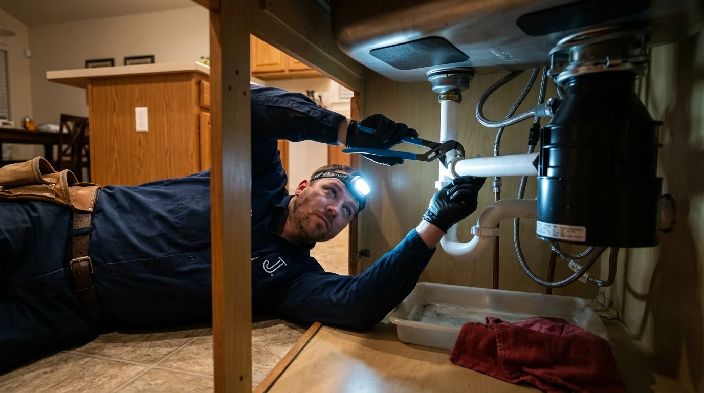 P-trap and supply line connections under a kitchen sink showing a common leak point in Manson, IA